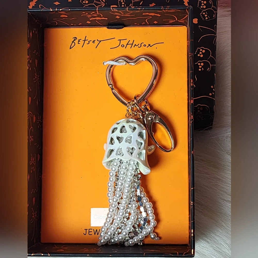 Betsey Johnson Pearl Ghost Keychain with Rhinestones